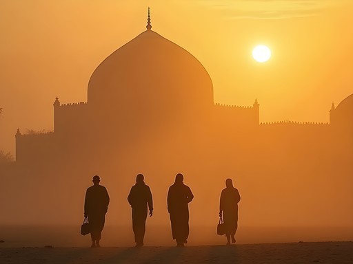 Silhouettes of people walking near Great Mosque of Djenné during dusty harmattan winds