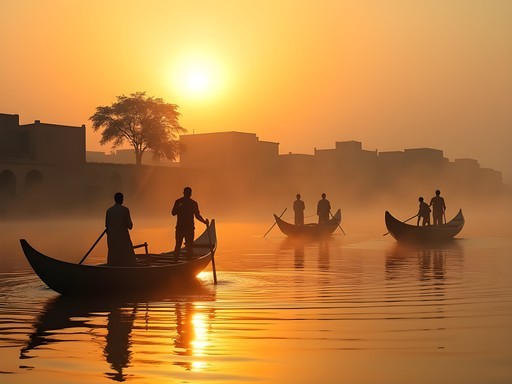 Wooden pirogues on Niger River at dawn in Mopti, Mali