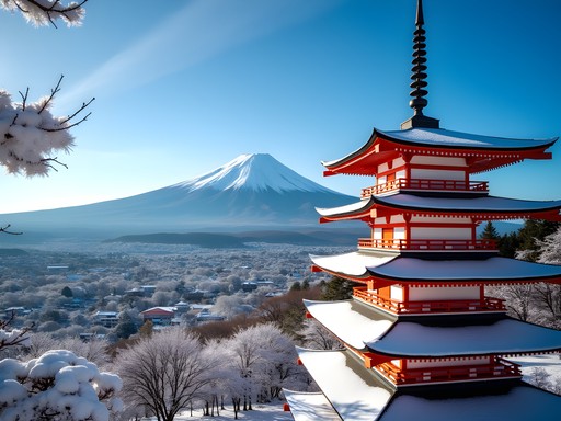 Snow-covered Chureito Pagoda with Mount Fuji in background during winter