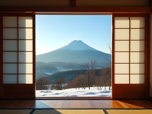 View of Mount Fuji from traditional Japanese ryokan window in winter