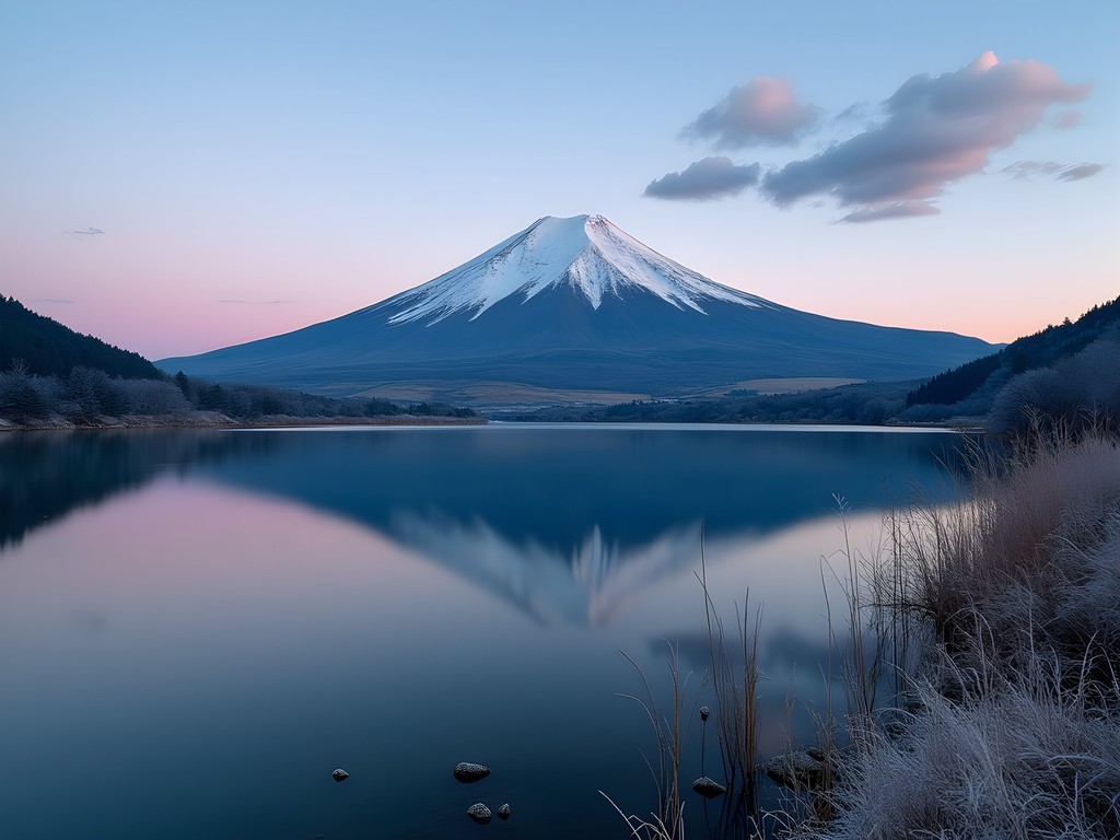 Mount Fuji reflected in Lake Kawaguchiko at dawn with snow-capped peak