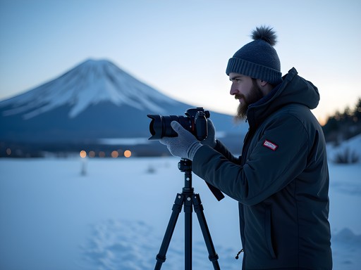 Photographer setting up tripod with Mount Fuji in background during winter sunrise