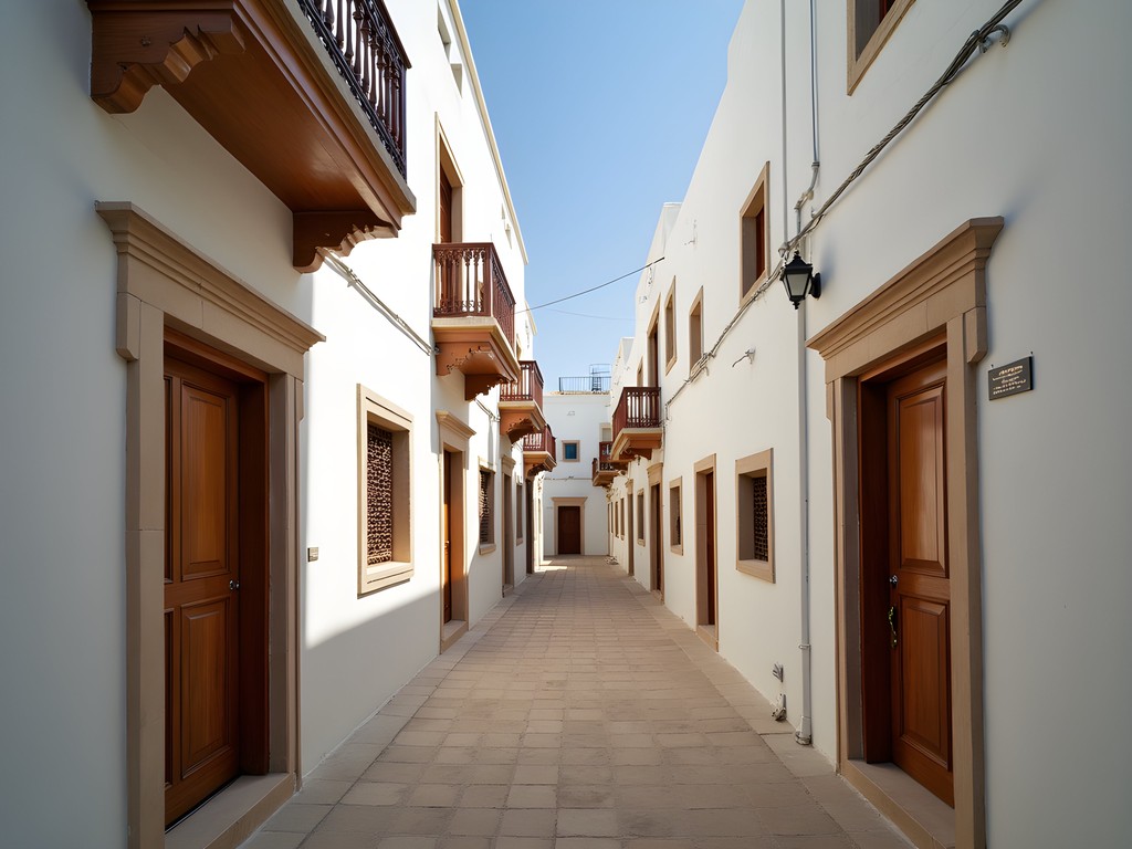 Narrow alleyway in Muharraq's historic district with traditional architectural elements