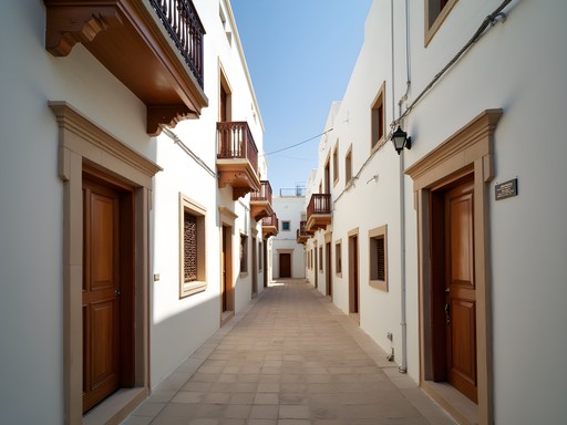 Narrow alleyway in Muharraq's historic district with traditional architectural elements