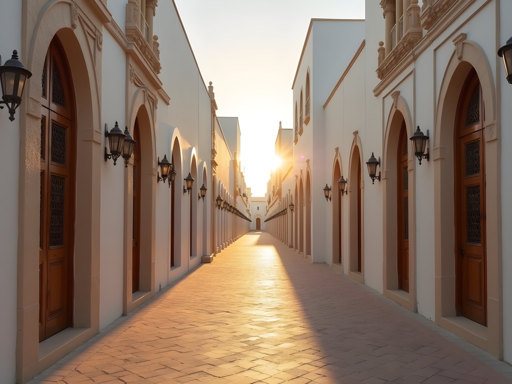 Golden hour light on traditional Bahraini architecture in Muharraq's Pearl Route