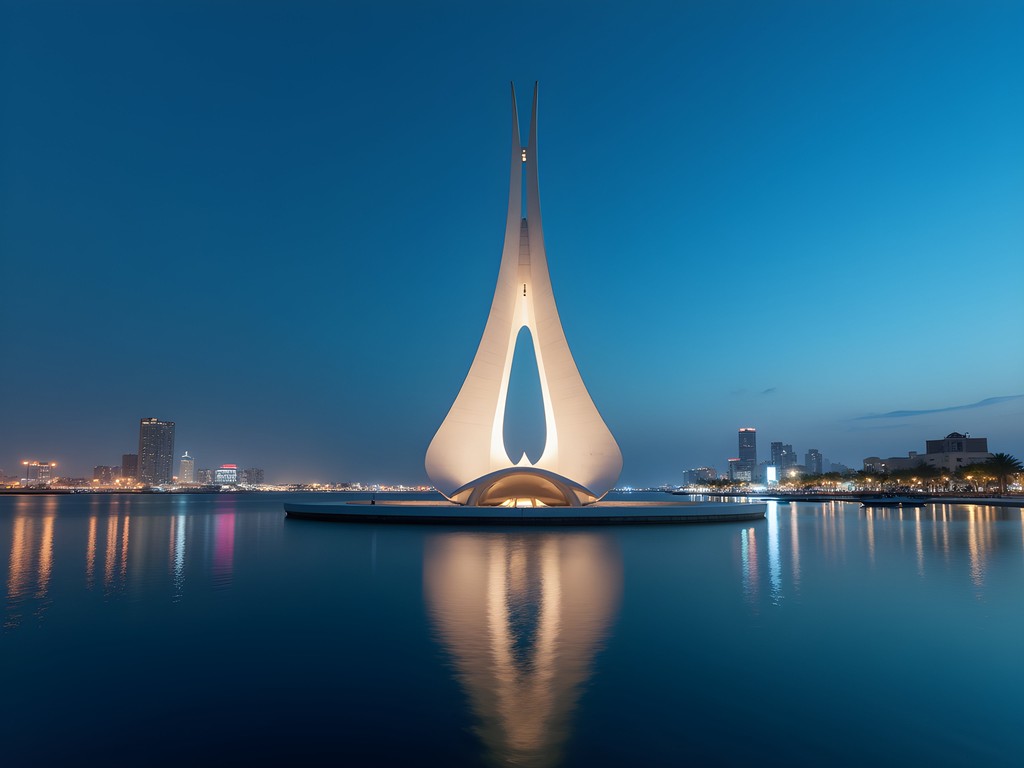 Pearl Monument in Muharraq photographed during blue hour with specialized equipment