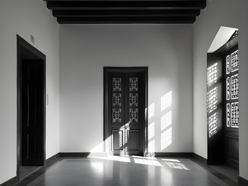 Light patterns through traditional wooden shutters in Siyadi Complex, Muharraq