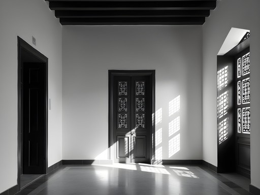 Light patterns through traditional wooden shutters in Siyadi Complex, Muharraq