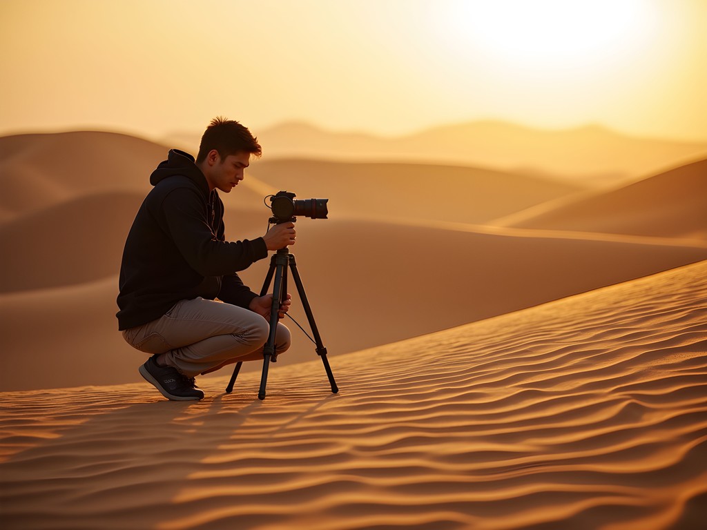 Photographer setting up tripod on Mui Ne red sand dunes at early morning