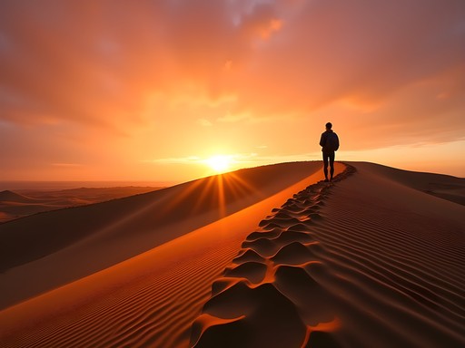 Silhouette of person on Mui Ne red sand dune at sunset with dramatic sky