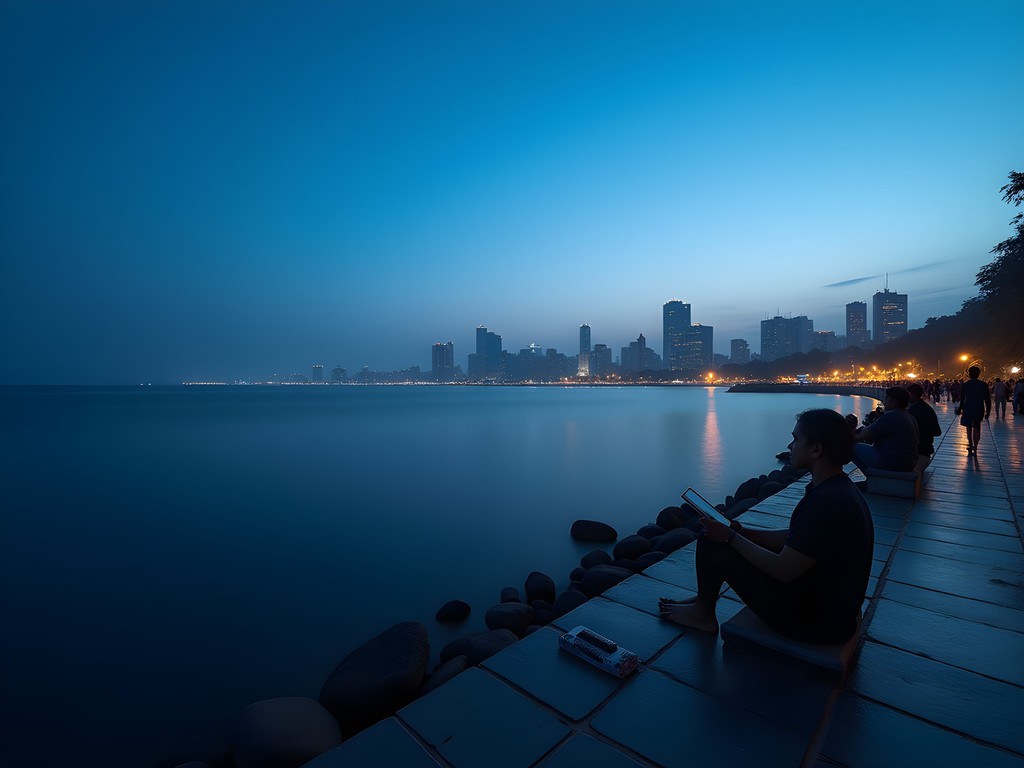 Silhouettes at Bandra Bandstand with Mumbai skyline illuminated at blue hour