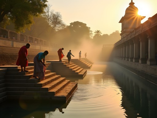 Early morning light at ancient Banganga Tank with devotees performing rituals
