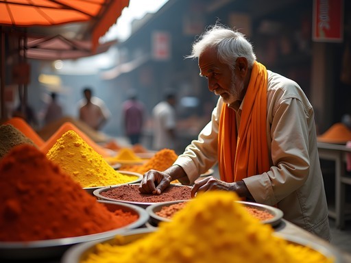 Colorful spice display at Crawford Market with vendor arranging products