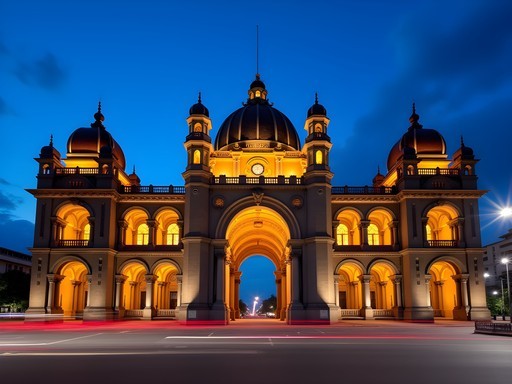Chhatrapati Shivaji Terminus illuminated at blue hour with light trails from traffic