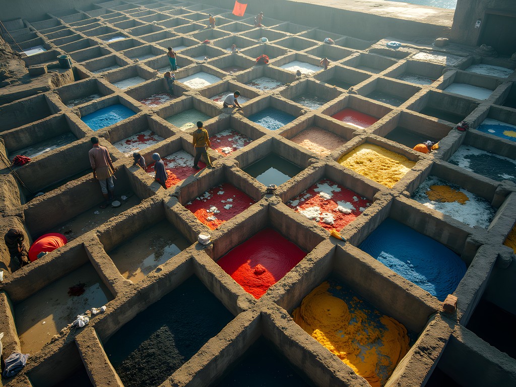 Geometric patterns of Dhobi Ghat open-air laundry with colorful clothing drying in the sun