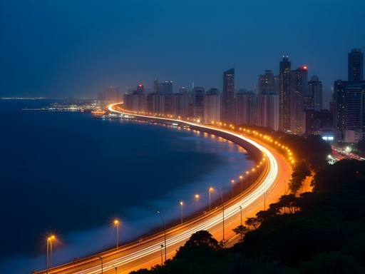 Nighttime view of Marine Drive's Queen's Necklace with illuminated shoreline and traffic