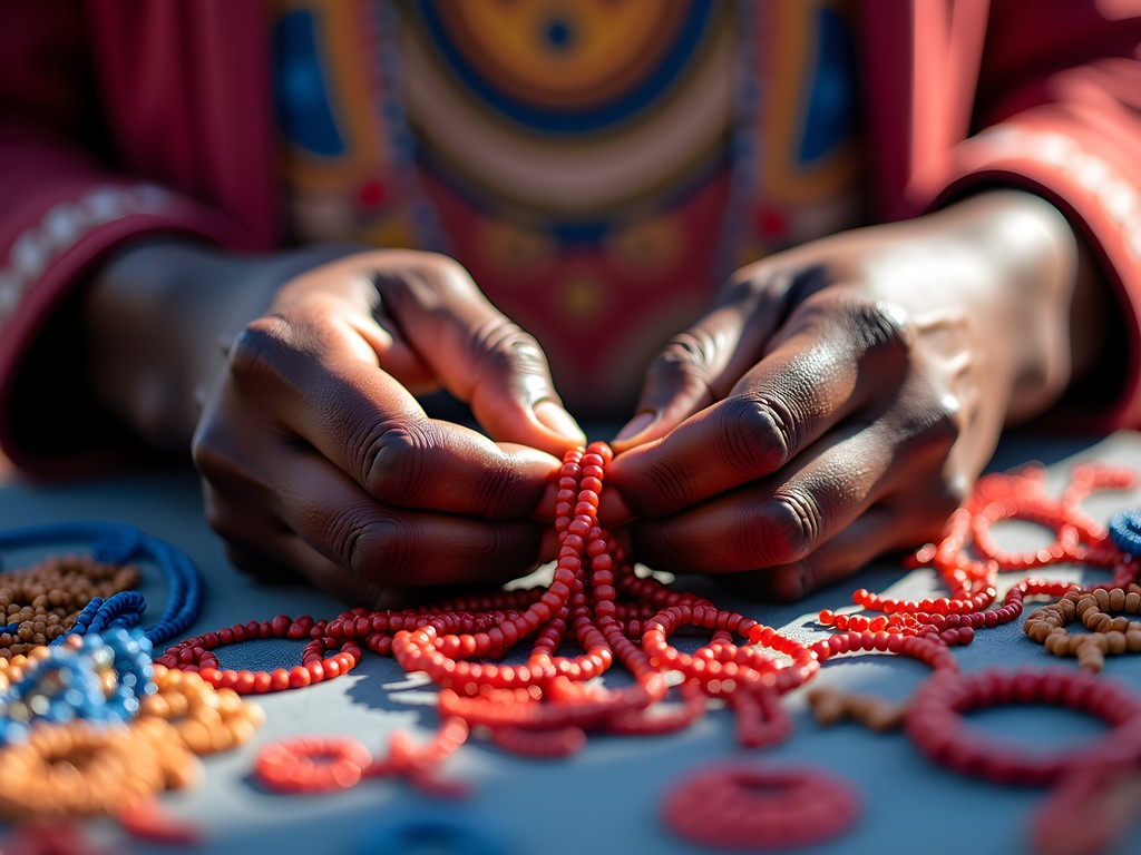 Maasai artisan creating colorful beadwork at Nairobi market