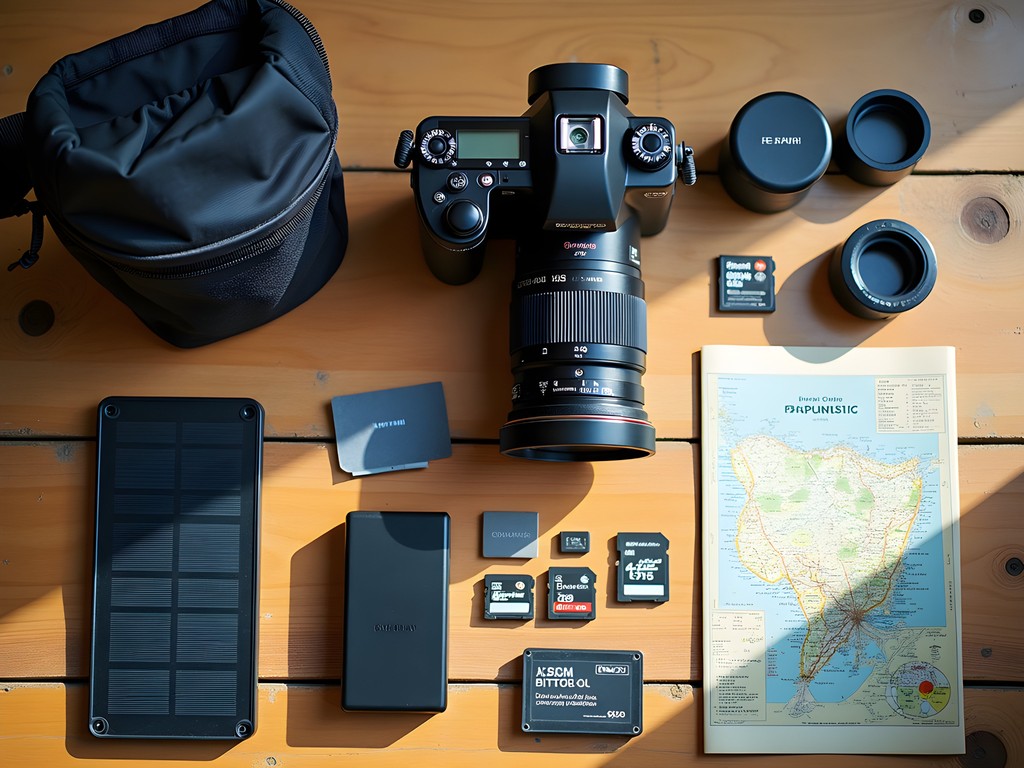 Essential photography gear laid out for a day of shooting in Nairobi