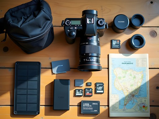 Essential photography gear laid out for a day of shooting in Nairobi