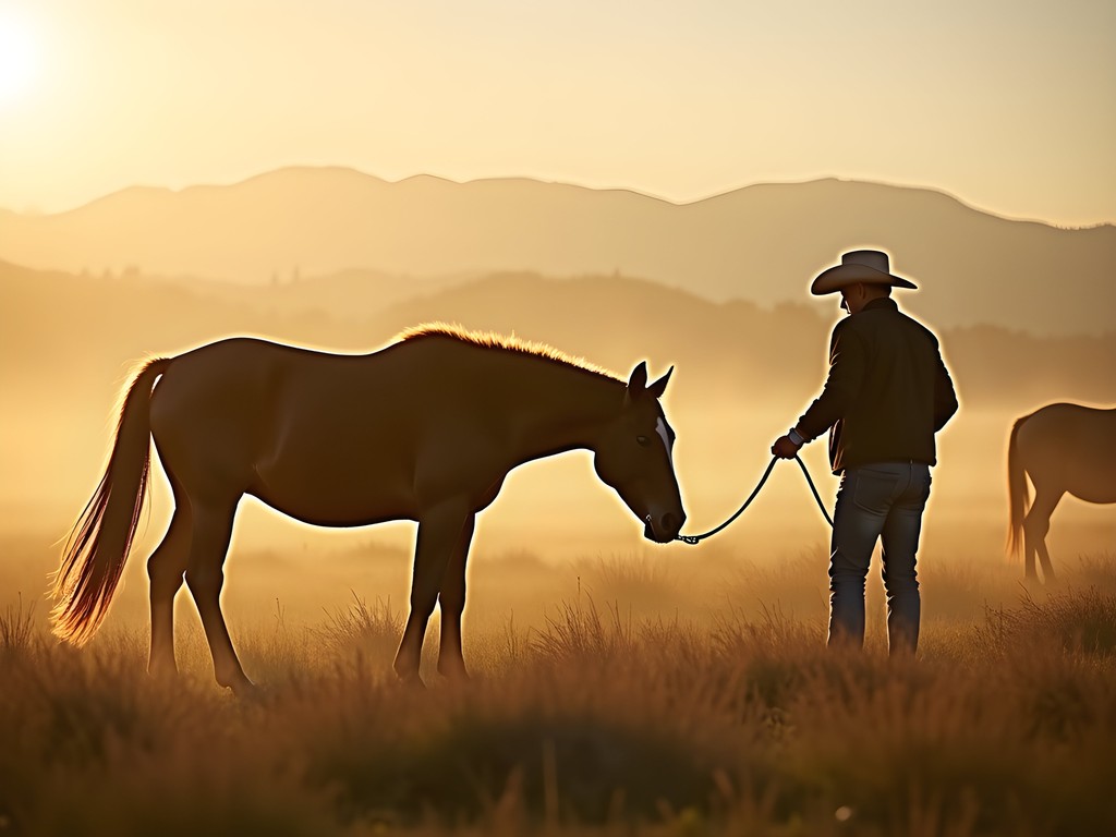 Quarter horses in misty morning pasture on Nampa ranch with trainer