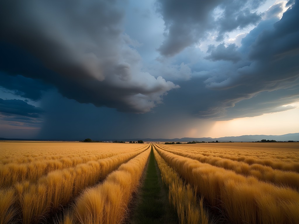 Dramatic storm clouds over illuminated wheat fields near Nampa Idaho