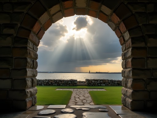 Stone archway of Fort Taber framing dramatic clouds over New Bedford Harbor