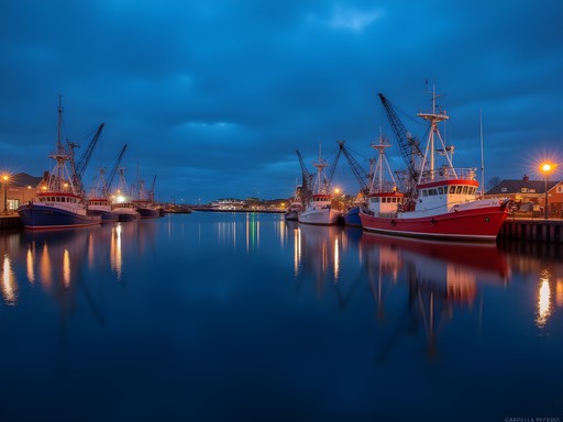 Blue hour photography of illuminated fishing vessels in New Bedford Harbor