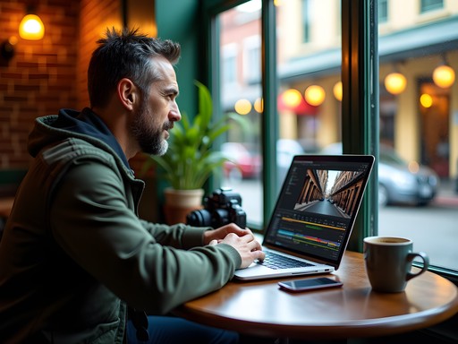 Travel photographer editing New Orleans photos on laptop in local cafe