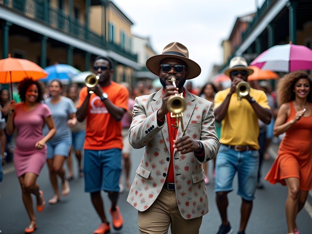 Second line parade brass band and dancers in New Orleans Treme neighborhood