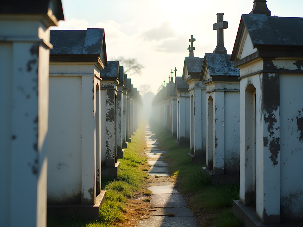 St. Louis Cemetery No. 1 whitewashed tombs with dramatic morning shadows