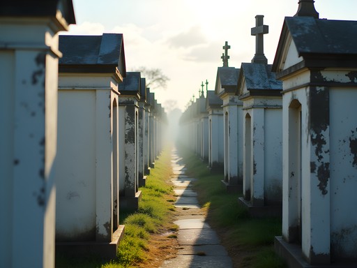 St. Louis Cemetery No. 1 whitewashed tombs with dramatic morning shadows