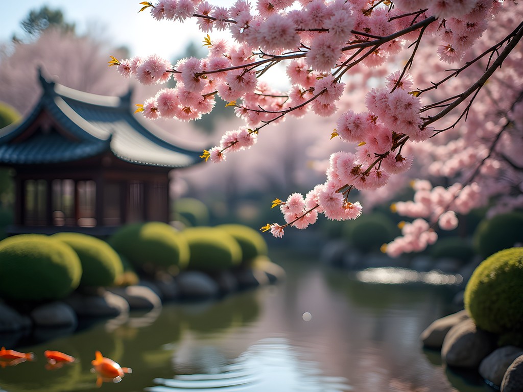 Cherry blossoms in full bloom at Brooklyn Botanic Garden with Japanese pond