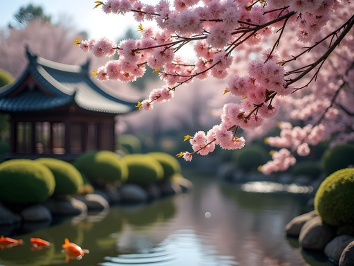 Cherry blossoms in full bloom at Brooklyn Botanic Garden with Japanese pond
