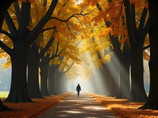 The Mall in Central Park lined with golden elm trees in autumn with morning light