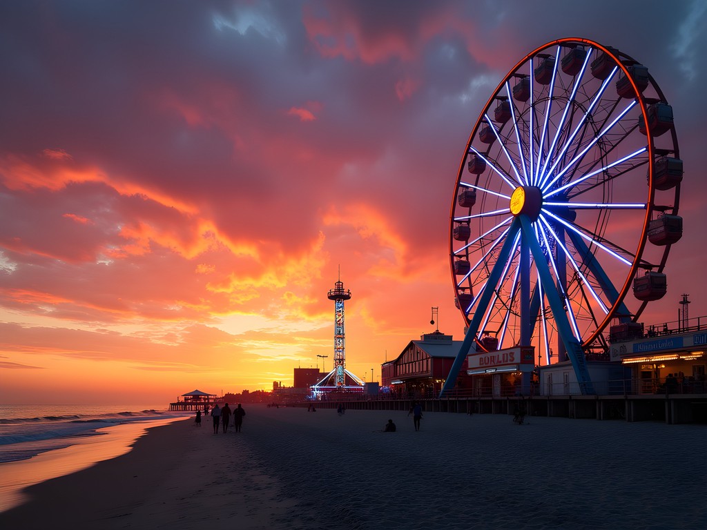Coney Island Wonder Wheel illuminated at sunset with beach in foreground