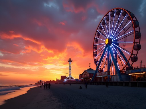 Coney Island Wonder Wheel illuminated at sunset with beach in foreground