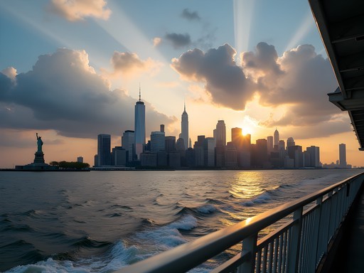 Manhattan skyline and Statue of Liberty viewed from Staten Island Ferry at sunset