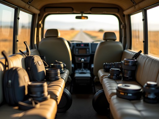 Professional photography gear arranged in safari vehicle with Ngorongoro Crater backdrop
