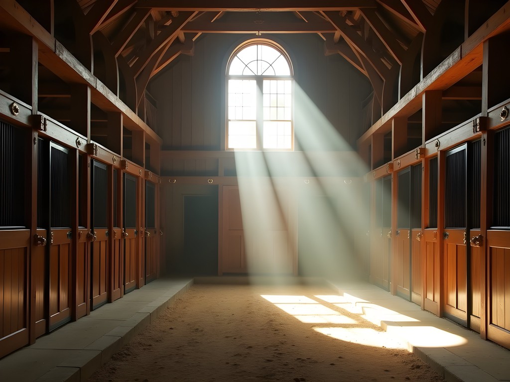 Sunlight streaming through Kentucky horse barn interior with wooden stalls