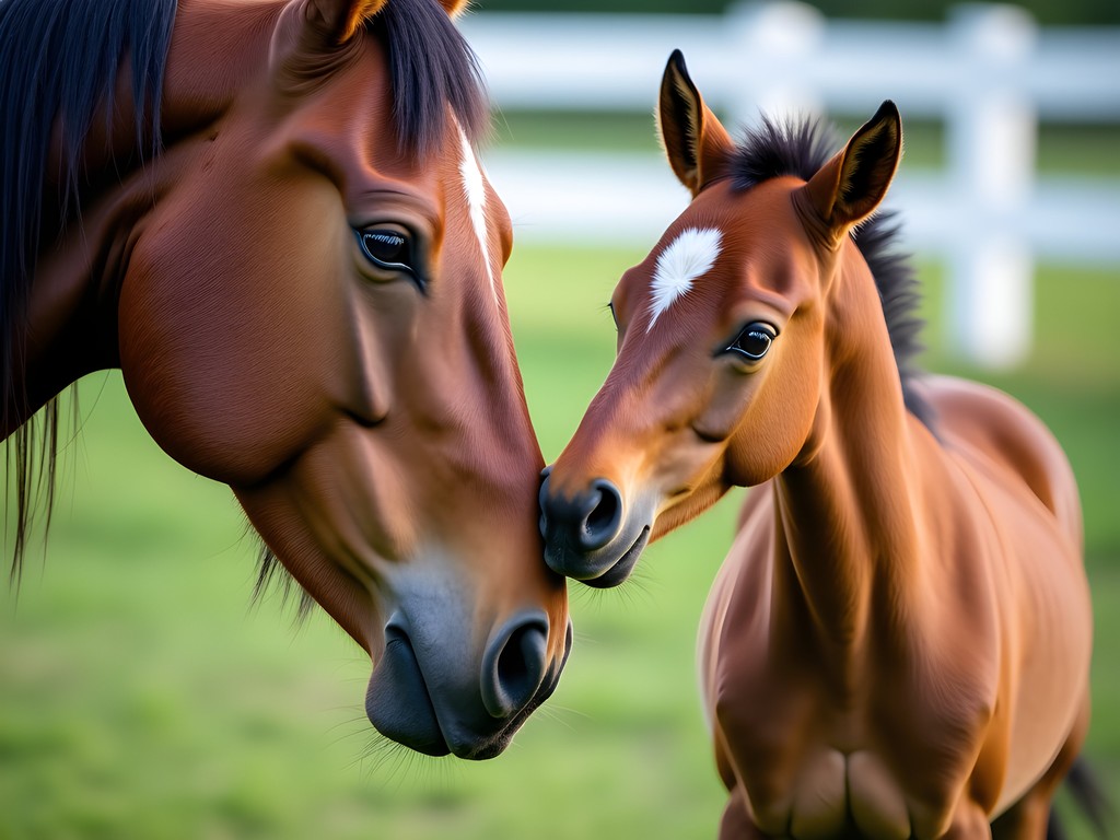 Mare and newborn foal touching noses in Kentucky horse farm pasture