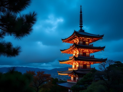 Five-story pagoda in Nikko illuminated against deep blue twilight sky