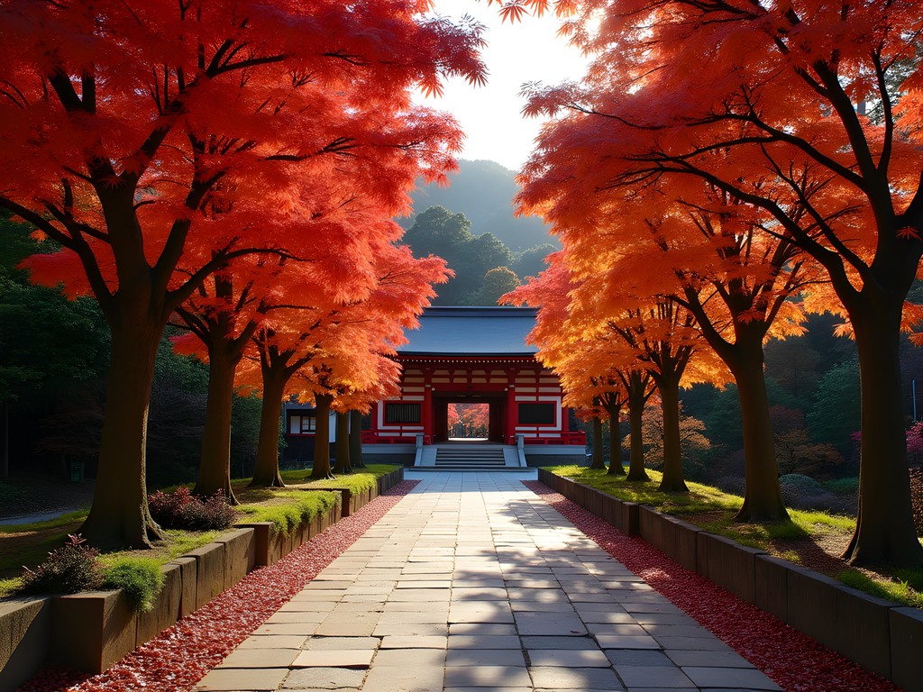 Temple pathway lined with vibrant red and orange maple trees in Nikko