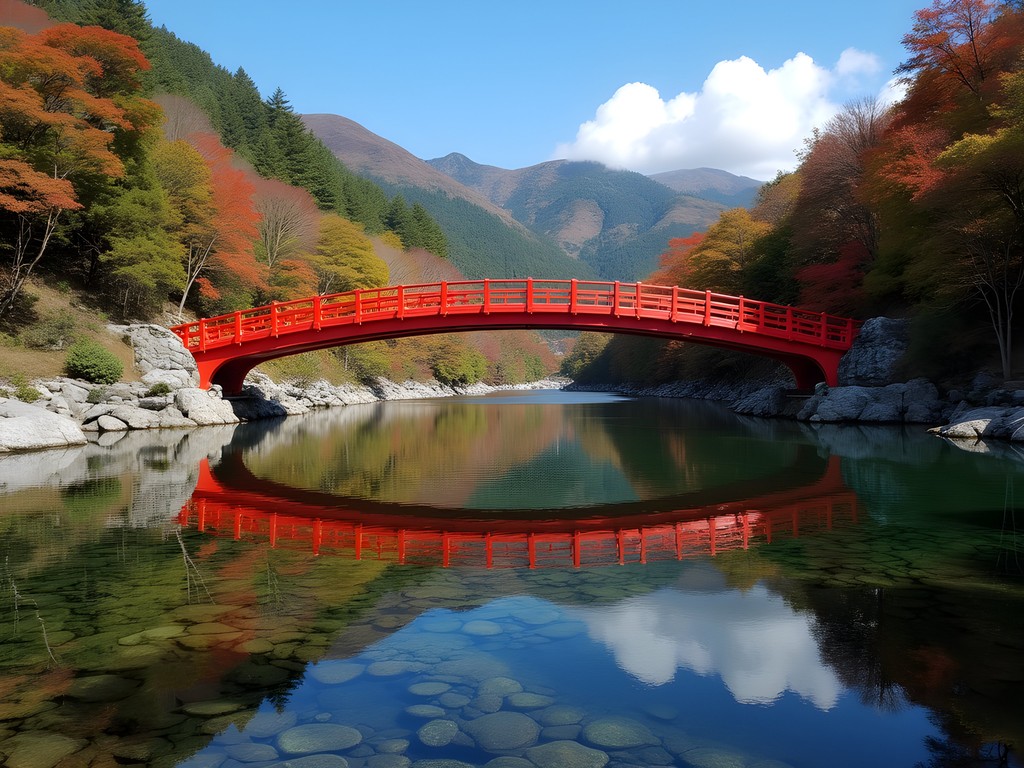 Shinkyo Bridge in Nikko with perfect water reflection during midday