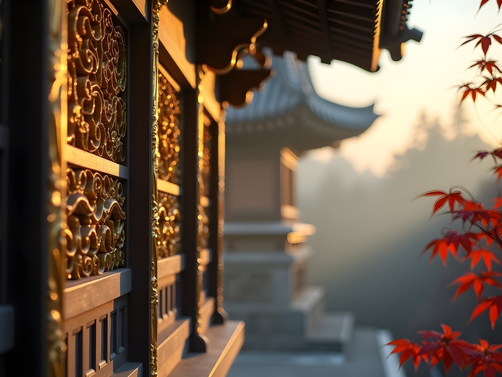 Golden architectural details of Toshogu Shrine illuminated by morning light