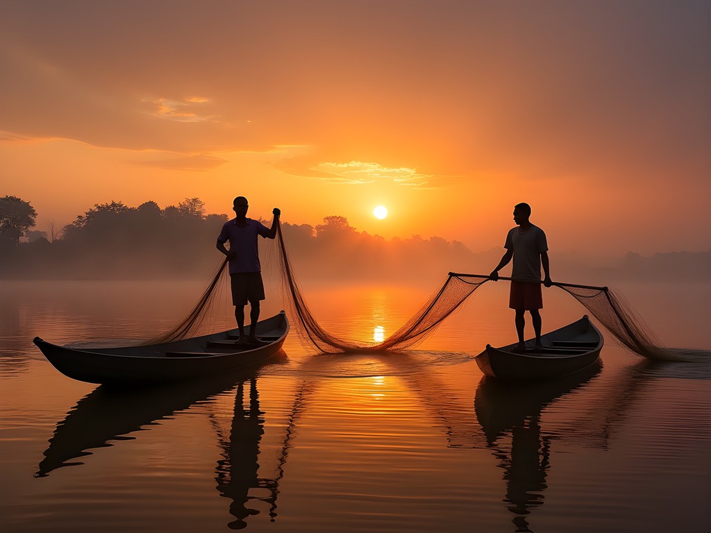 Silhouettes of fishermen casting nets on the Ubangi River at sunset in Bangui