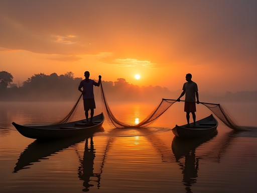 Silhouettes of fishermen casting nets on the Ubangi River at sunset in Bangui