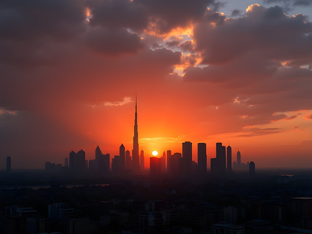 Modern Dubai architecture silhouetted against vibrant sunset sky