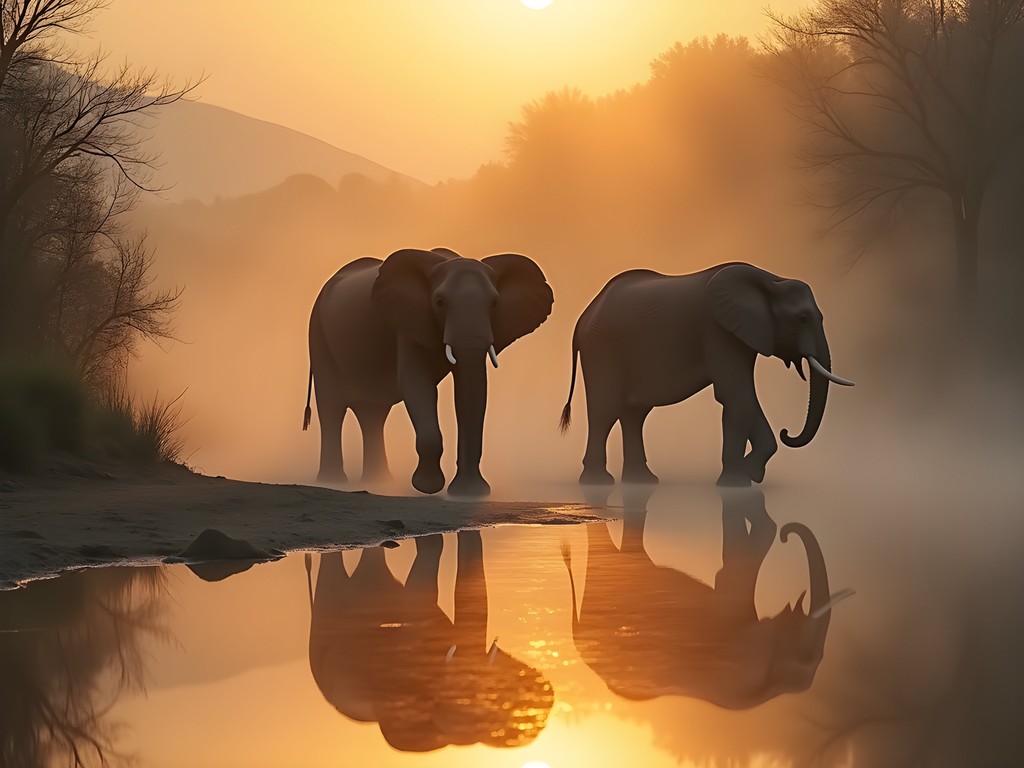 Forest elephants emerging from morning mist at watering hole in Bamingui-Bangoran National Park