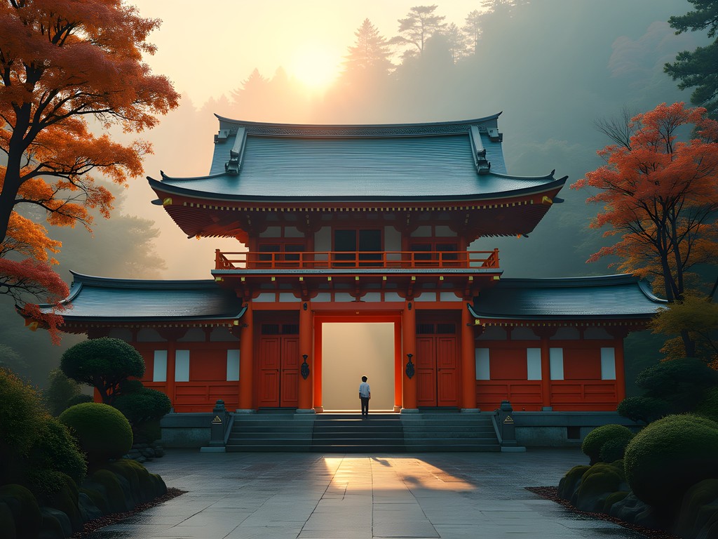 Misty dawn light illuminating the ornate Toshogu Shrine in Nikko, Japan