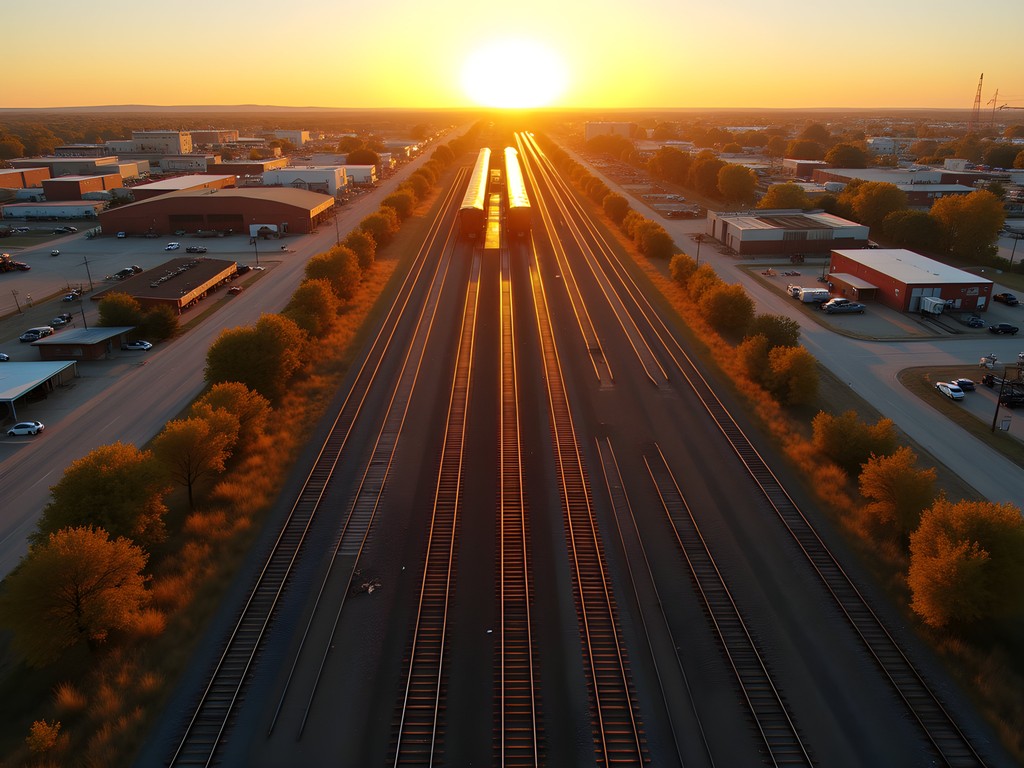 Aerial view of Bailey Yard train tracks creating patterns at sunset